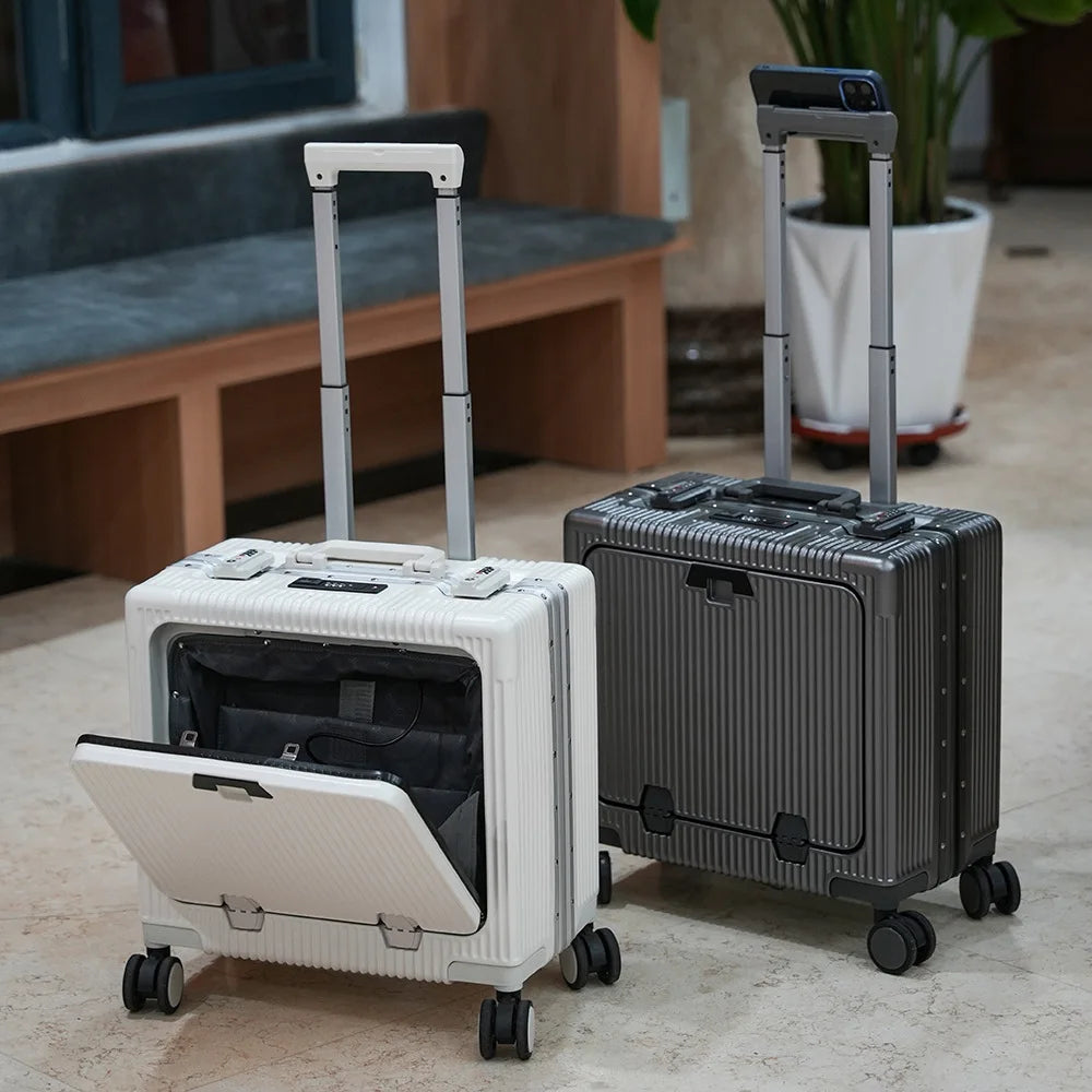 Suitcase Front Opening Pocket Aluminum Alloy Frame Rolling Luggage 18" Carry On Boarding Travel Trolley Bags with Spinner Wheel
