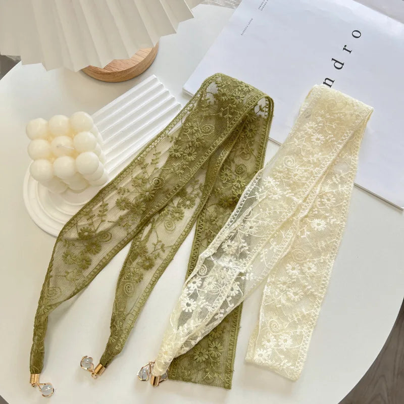 Women's Gentle Parent-Child Daisy Lace Pendant Hair Band Multi-Functional Scarf Silk Scarf Belt Long Thin Narrow Ribbon