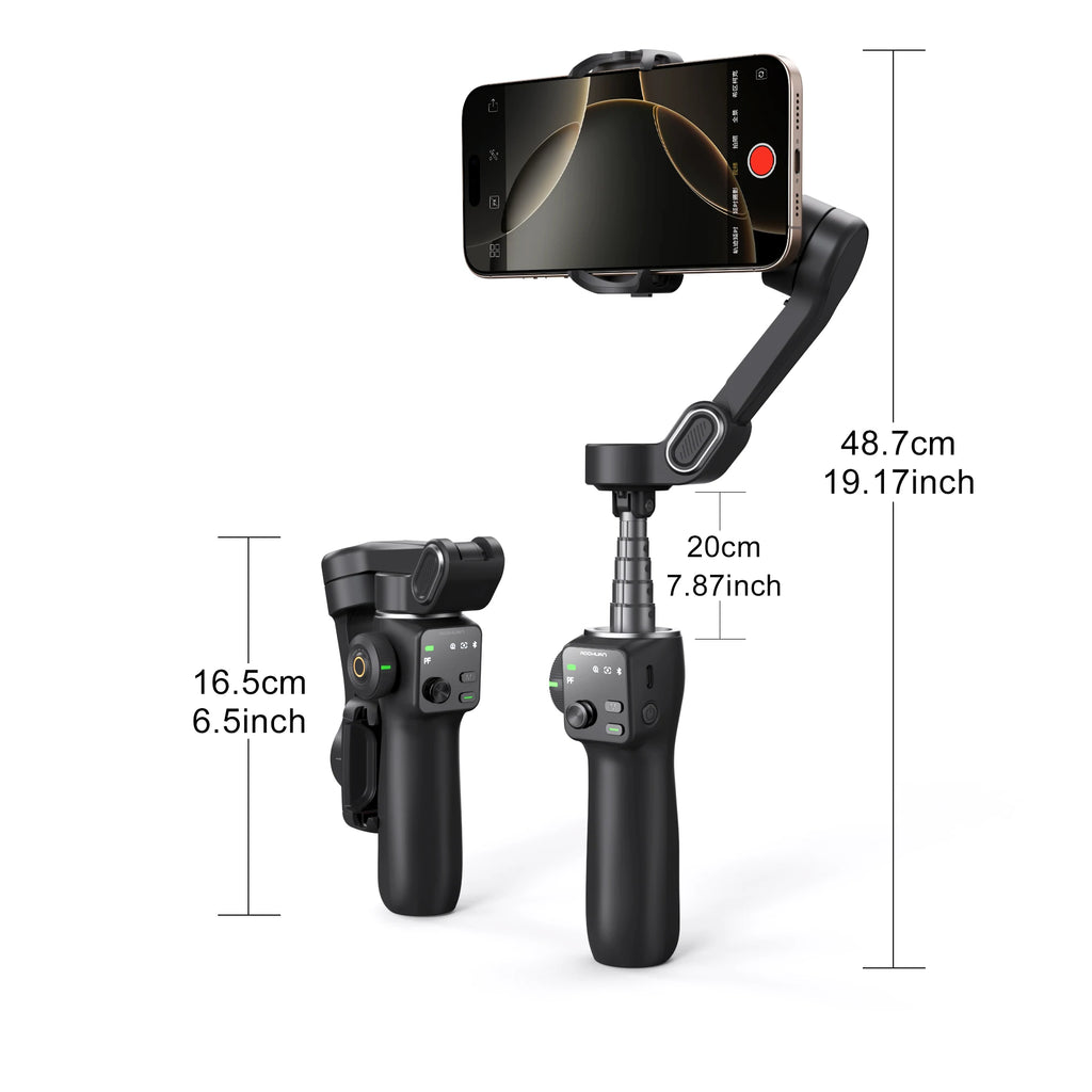 Smart handheld gimbal featuring AI face tracking and tripod combo."