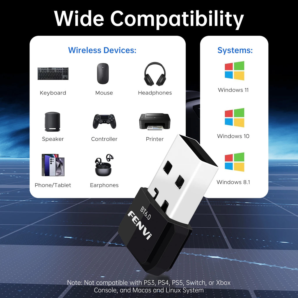 FENVI USB Bluetooth 6.0 Adapter BT 5.4 Dongle for PC Wireless Mouse Keyborad Music Audio Receiver USB Transmitter Windows 11/10