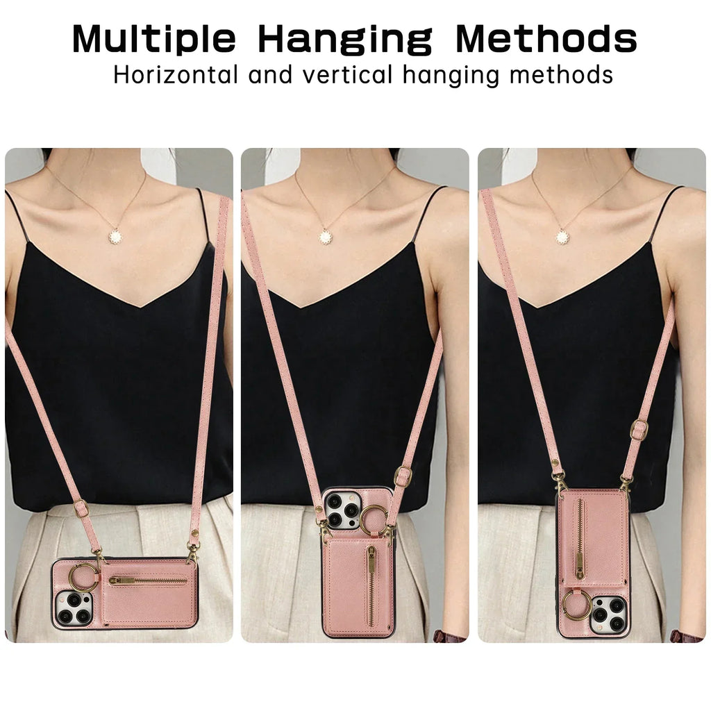 Crossbody Cards Solt Triple Wallet Leather Zipper Case For iPhone 15 16 Pro Max 14 Plus 13 12 11 XS XR SE2022 Ring Holder Cover
