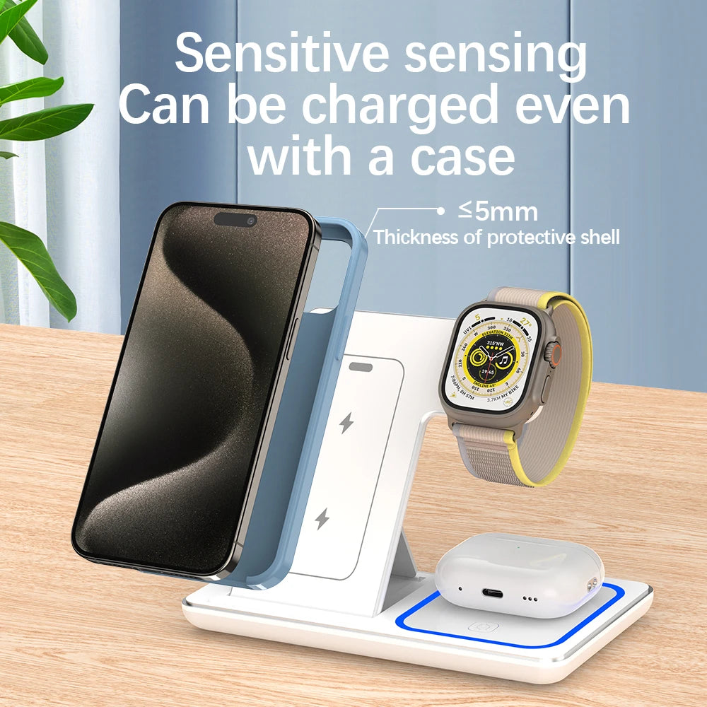 Foldable 3 in 1 Wireless Charging Station for iPhone 17-12 Pro Max, iWatch Ultra, AirPods Pro 4/3 – 15W Fast Charger Stand