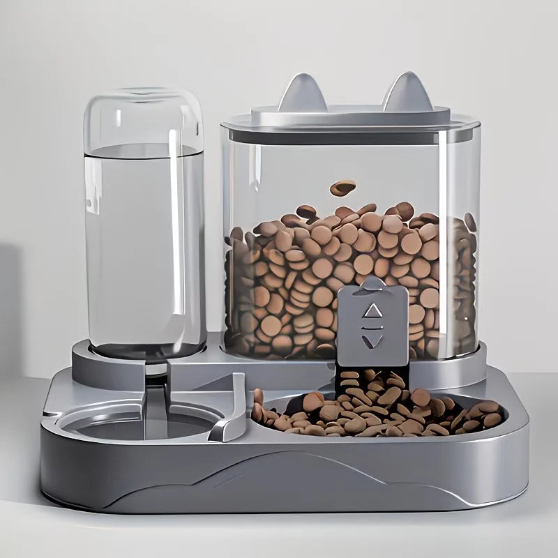 Pet drinking and feeding unit separates dry and wet food made of durable plastic with transparent design without battery for cat