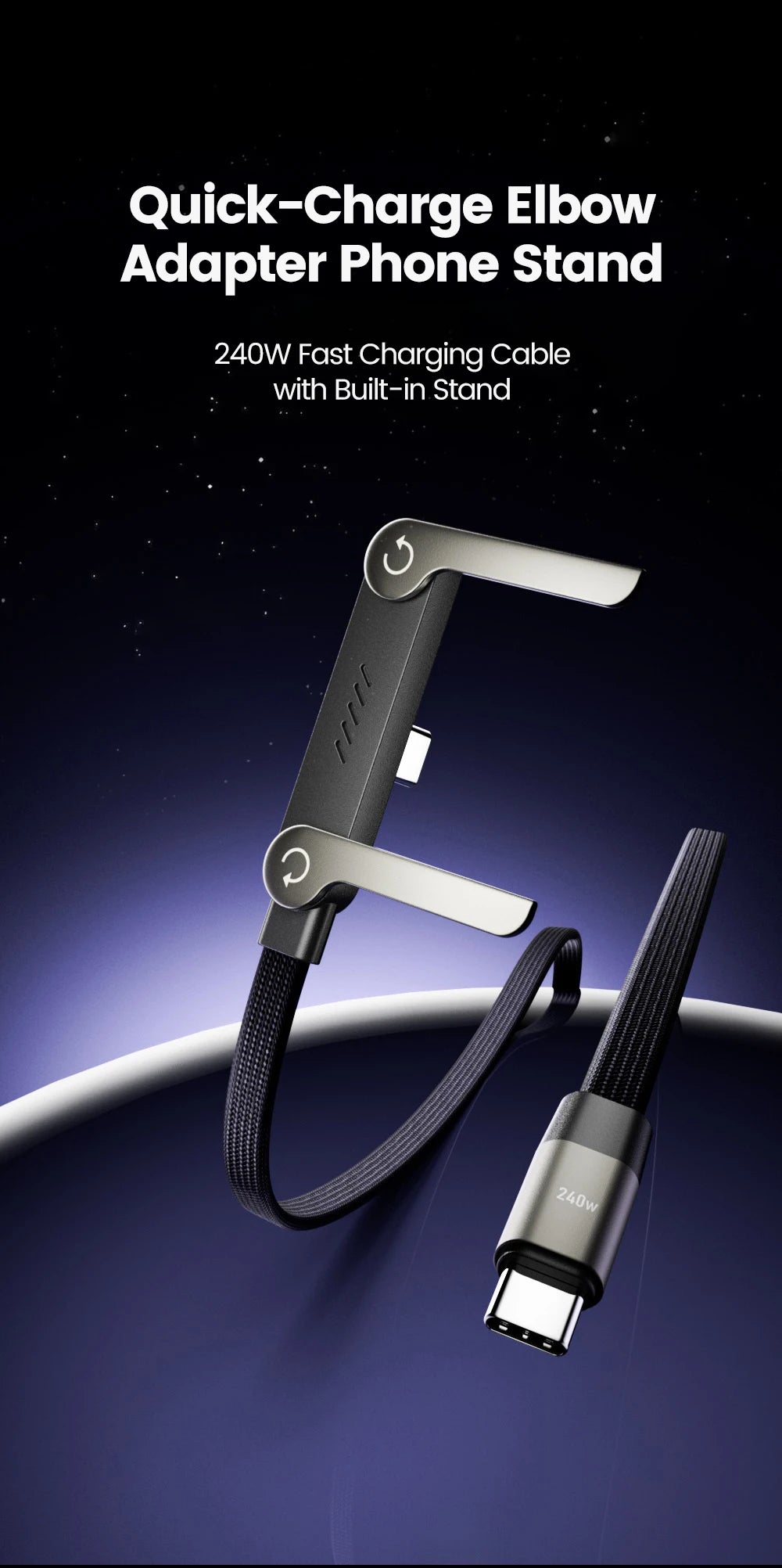 240W 2-in-1 Type C to USB C Fast Charging Data Cable Foldable Phone Holder Type C Fast Charging cabo For iPhone 17 Black/Orange