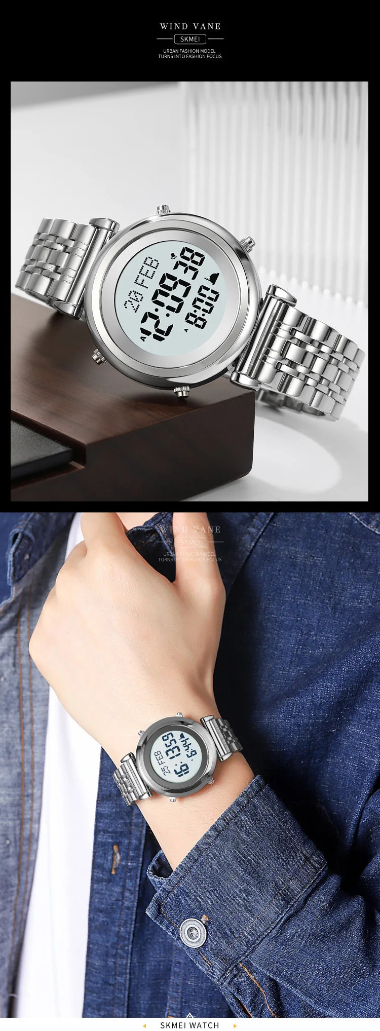 SKMEI 2139 Digital Watch Steel Muslim Azan Mens Back Light Waterproof Hijri Islamic Wristwatch Prayer Qibla Compass Alarm Clock