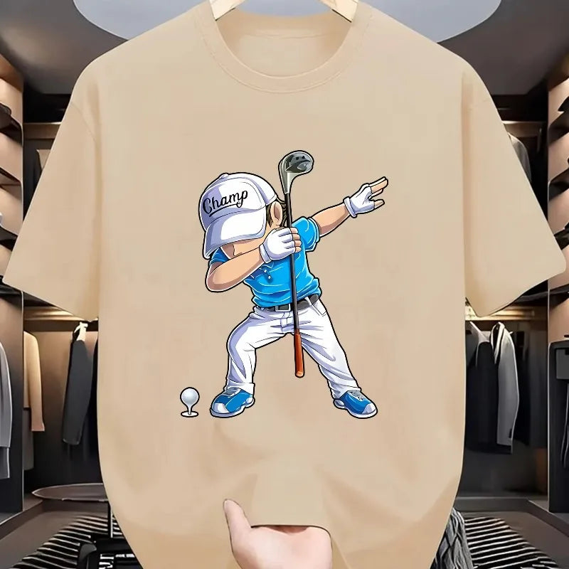 Men's Summer 100_ Cotton Fashion Sports Leisure Loose Golf Player Pattern Printed Round Neck Short Sleeve T-shirt Top Unisex