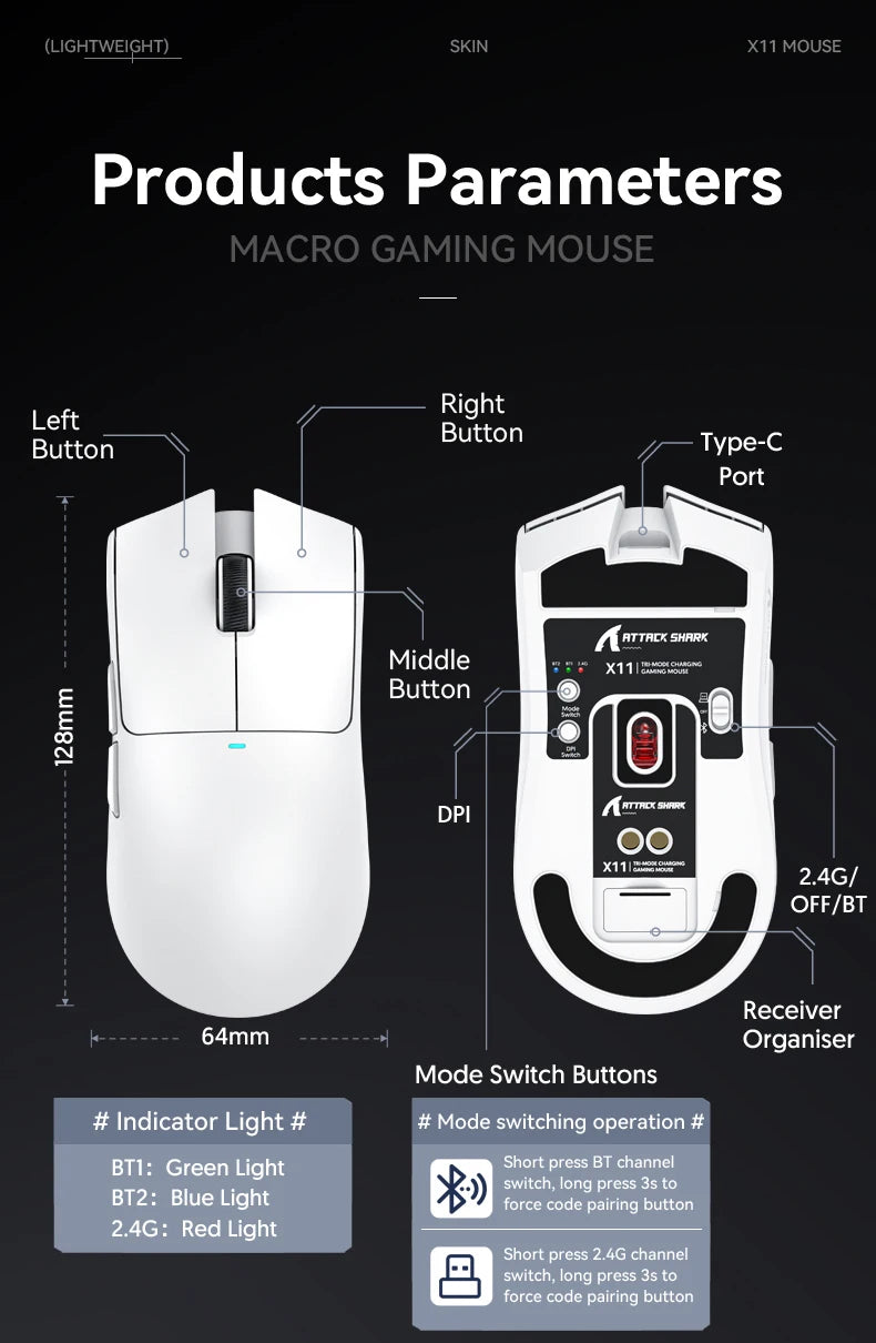 ATTACK SHARK X11 Wireless Gaming Mouse PAW3311 Sensor 22000DPI 3 Modes Wired 2.4G BT 280mAh Rechargeable Mouse