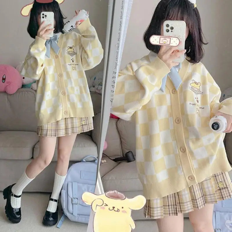 Anime Sanrioed Pompompurin Girls Cardigan Sweater Kawaii Kuromi Cinnamoroll Spring Autumn Knit Coat Loose Sweet Embroidery Tops