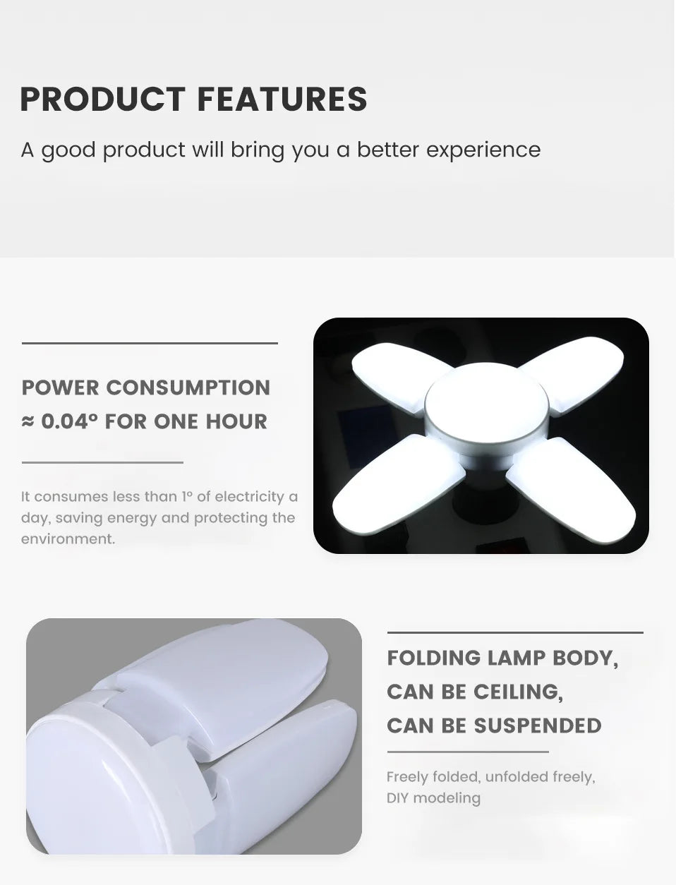 E27 Fan Shape Foldable 40LEDs Bulb AC220V/110V Deformation for Home Ceiling Lights Warehouse and Garage White Light 6500K Bulb