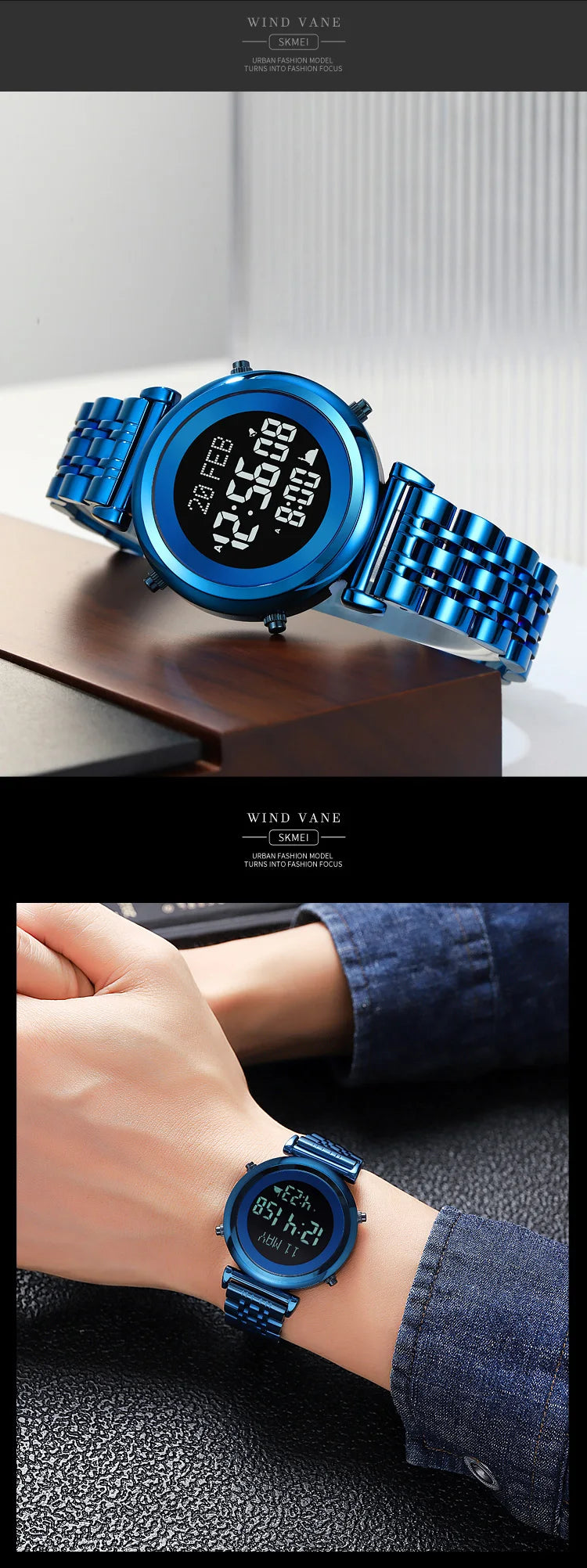 SKMEI 2139 Digital Watch Steel Muslim Azan Mens Back Light Waterproof Hijri Islamic Wristwatch Prayer Qibla Compass Alarm Clock