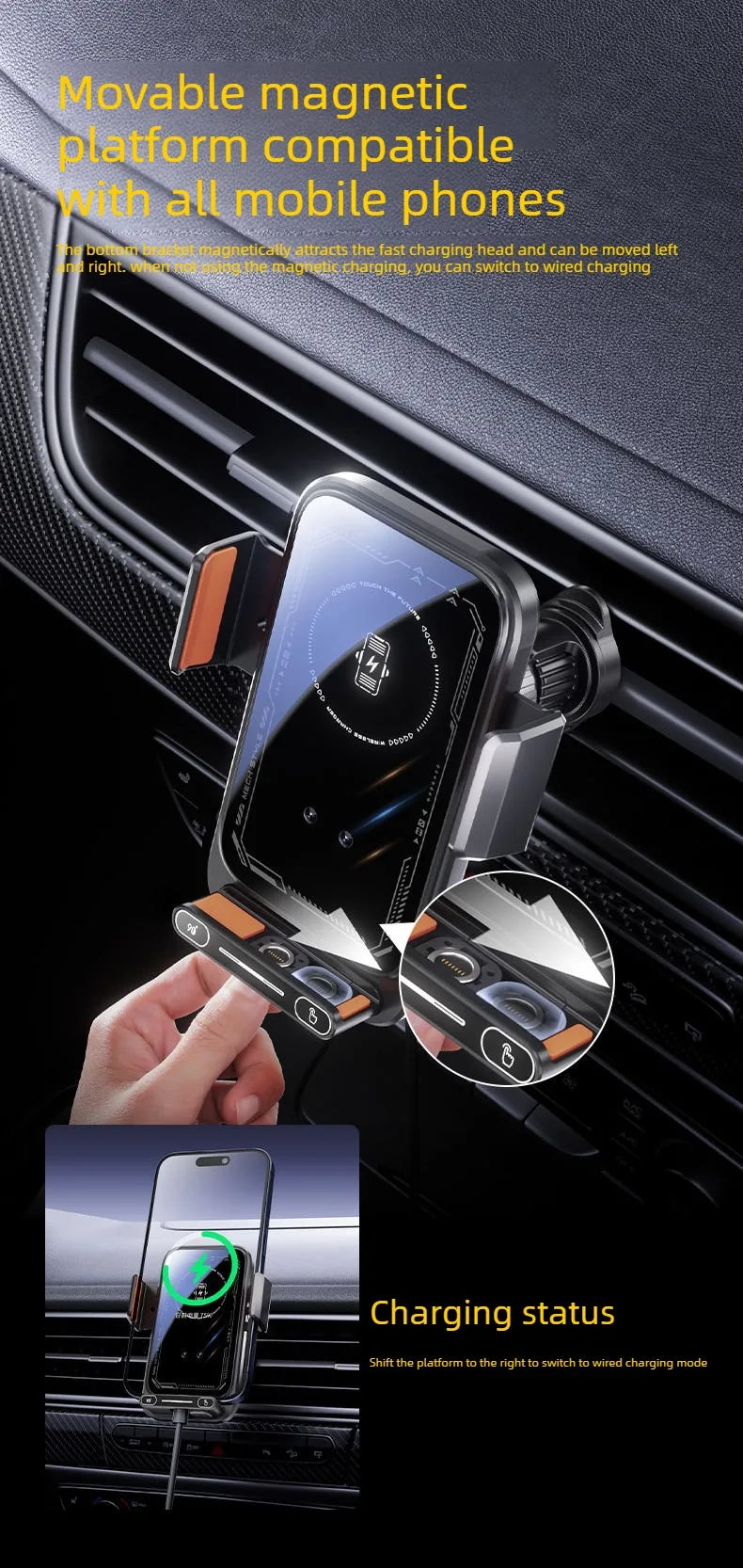 2026 New Upgraded 15W Qi FCC ROHS Car Phone Charger Holder Auto Induction One Key Release 360 Rotating for Dashboard Windshield