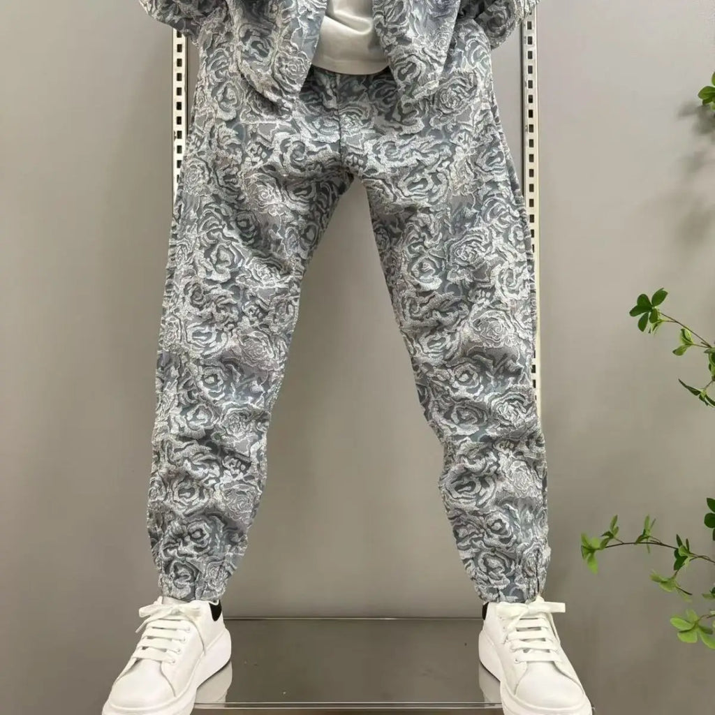 2025 New Men's casual fashion two-piece pants set, sporty lapel jacquard shirt, long-sleeved spring and autumn set