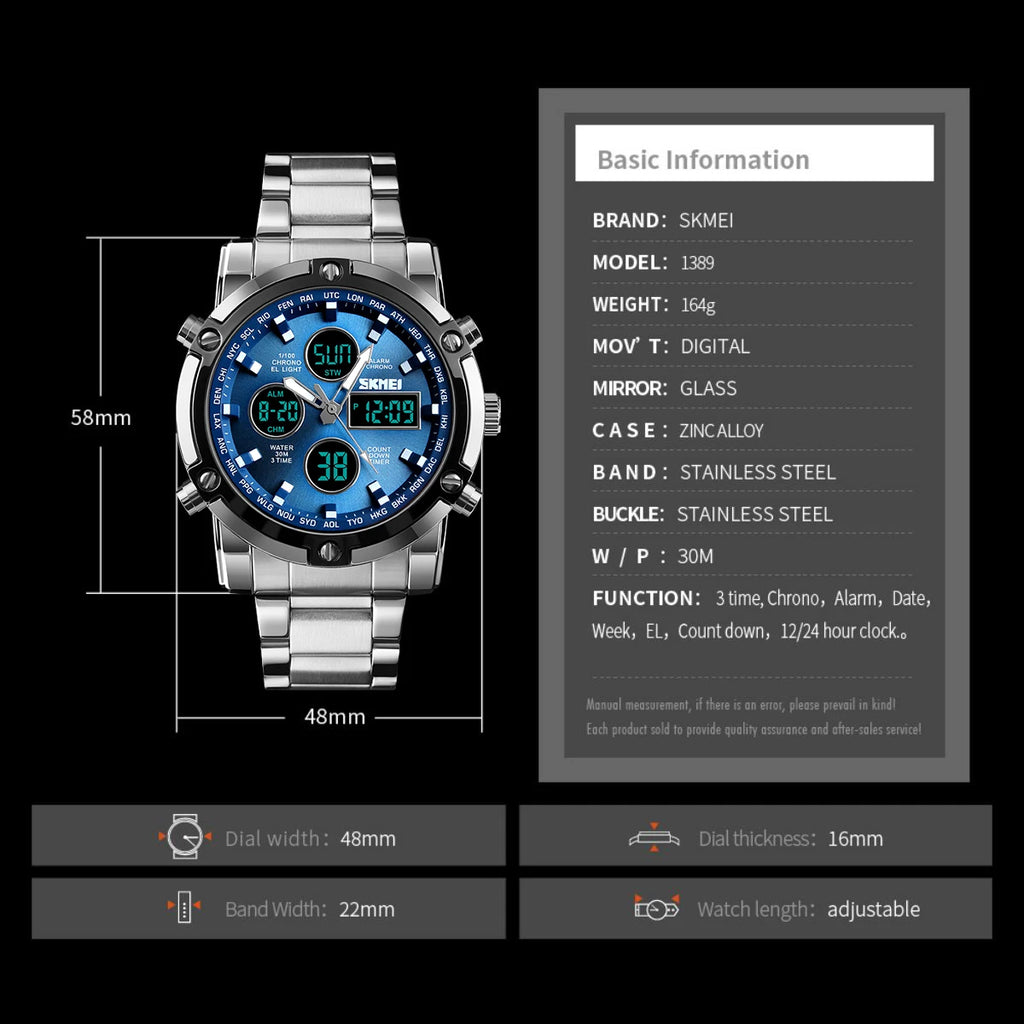 Luxury Sport Men's Quartz Watch Digital Wristwatch Waterproof Stainless Steel Male Watches Clock Relogio Masculino 1389