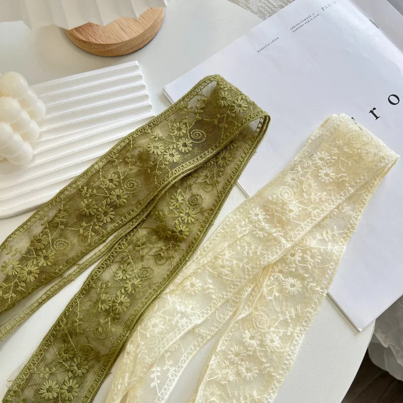 Women's Gentle Parent-Child Daisy Lace Pendant Hair Band Multi-Functional Scarf Silk Scarf Belt Long Thin Narrow Ribbon