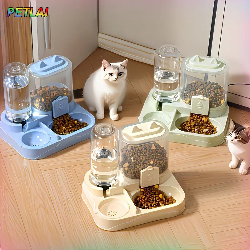 Pet drinking and feeding unit separates dry and wet food made of durable plastic with transparent design without battery for cat