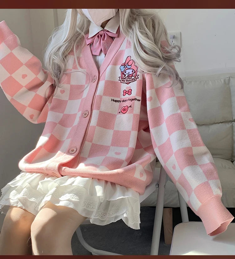 Anime Sanrioed Pompompurin Girls Cardigan Sweater Kawaii Kuromi Cinnamoroll Spring Autumn Knit Coat Loose Sweet Embroidery Tops