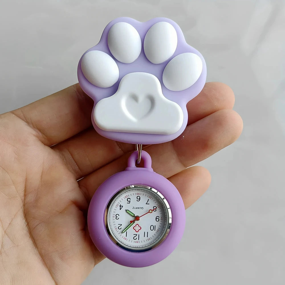 Colourful Retractable Badge Reel Nurse Doctor Lovely Cat Claw Footprints Pocket Watches medical hospital Gift Watch for women