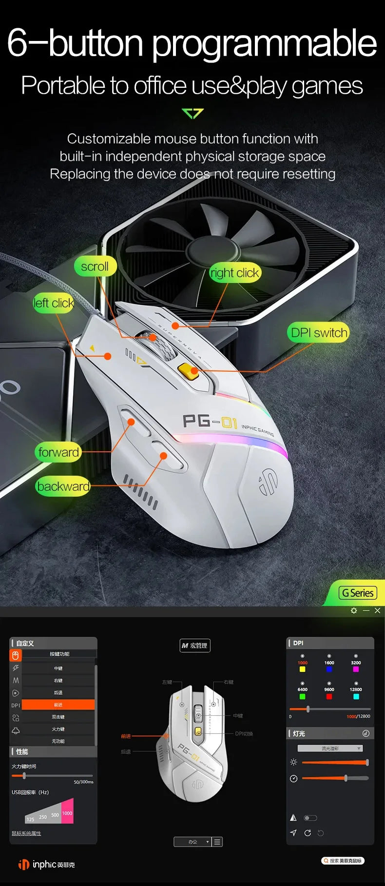 Inphic PG1 PG9 RGB Wired Gaming Mouse Ergonomics 1000Hz Polling Rate Stable Connection For Desktop And Laptop Computers