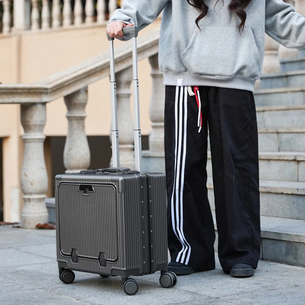 Suitcase Front Opening Pocket Aluminum Alloy Frame Rolling Luggage 18" Carry On Boarding Travel Trolley Bags with Spinner Wheel