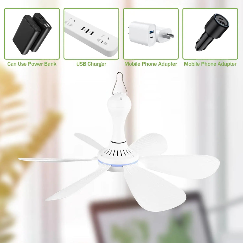 XIAOTREE USB Ceiling Fan DC 5V Air Circulator Fan 6 Detachable Blades Portable Hanging Ceiling Fans Camping Fan for RV & Home